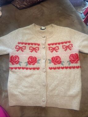 cupcakes & cashmere Cream Cardigan with Red Rose and Bow Motif